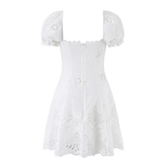 Hollow Out Embroidery White Mini Dresses