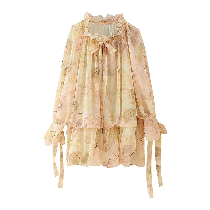 Spring Floral Print Short Dresses Lace Up Ruffle O Neck Long Sleeve Holiday Summer Dresses