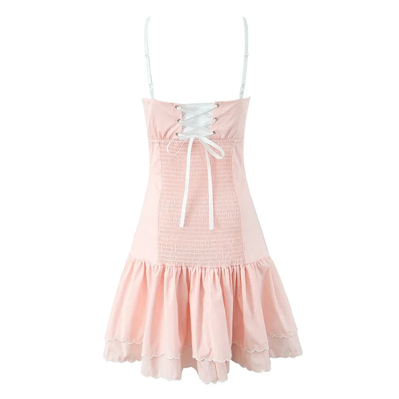 Sexy Floral Embroidery Spaghetti Straps Dresses Summer Female A-line Holiday Party Robe Lace Up Vestidos Black Pink