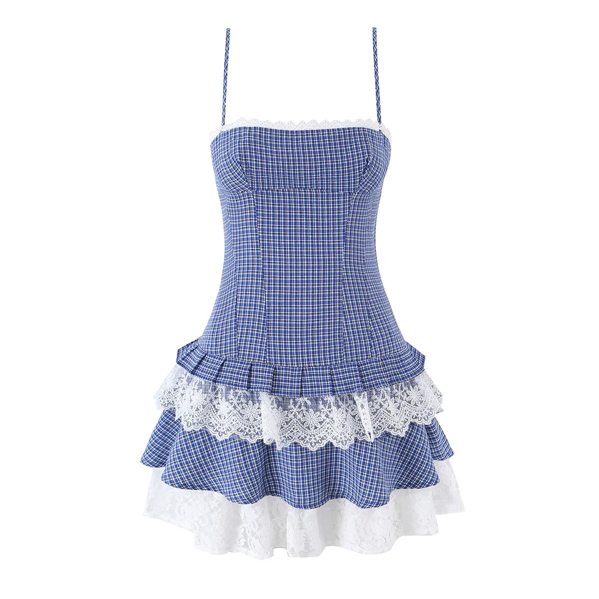Sexy Cute Girls Blue Plaid Tiered Lace Trim Mini Dresses