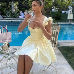 Floral Embroidery White Yellow Mini Dresses