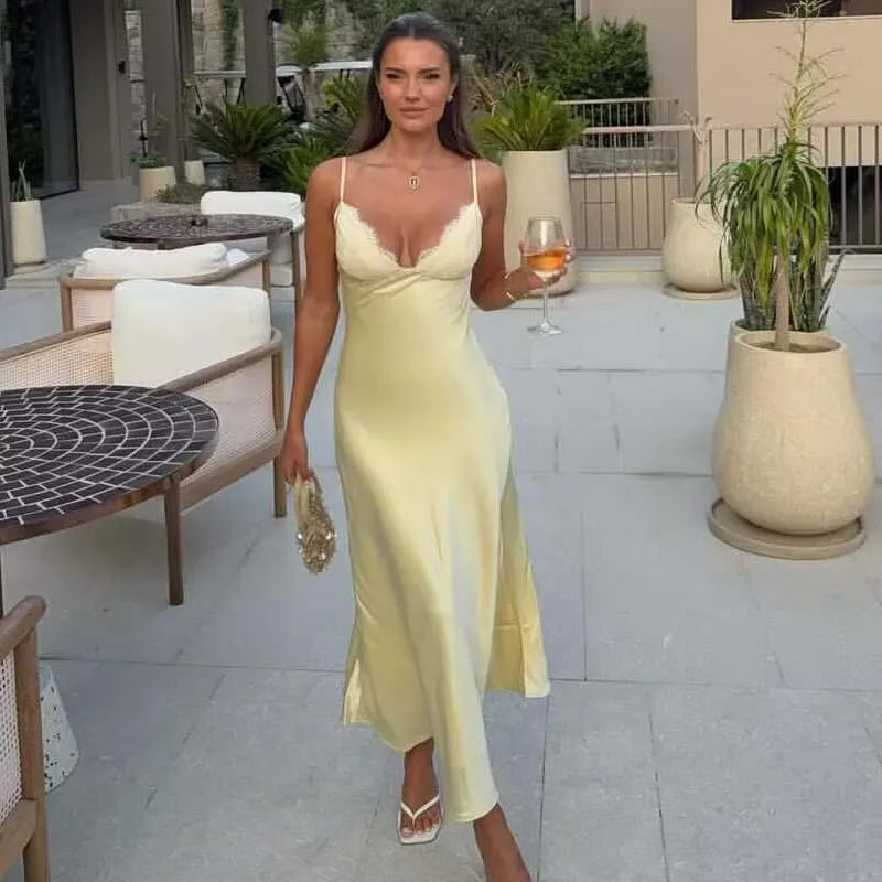 Satin Yellow Sling Sexy Elegant Dresses For Thin Straps A-line Midi Evening Party Dresses Christmas Robe