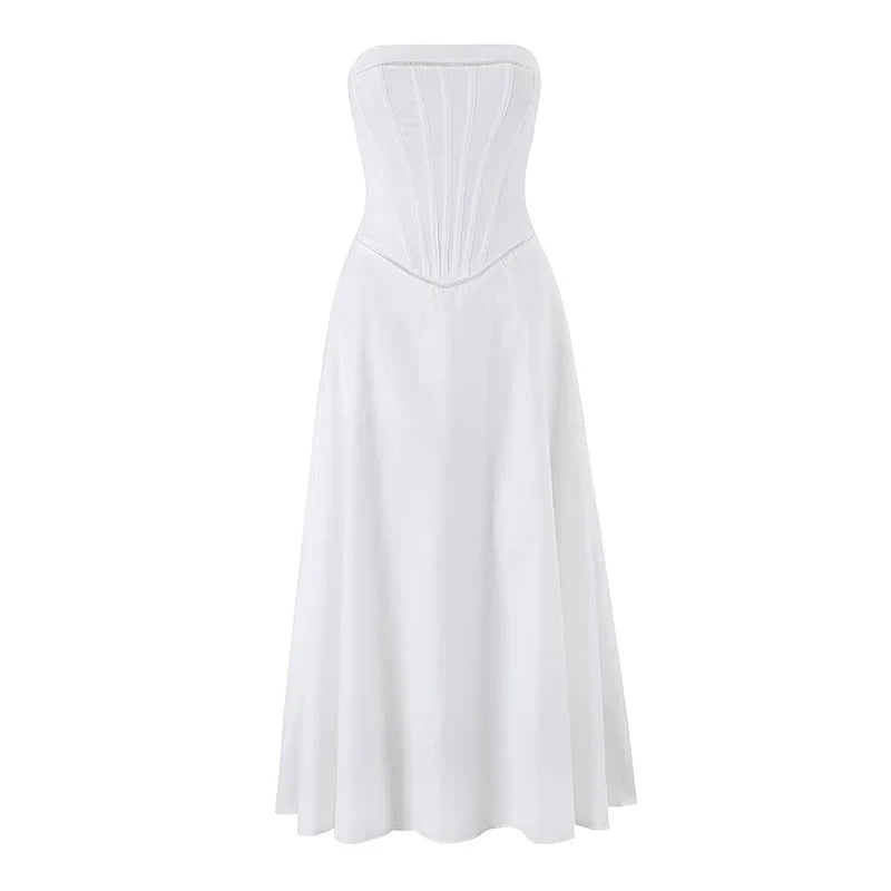 White Corset Strapless Midi Dresses