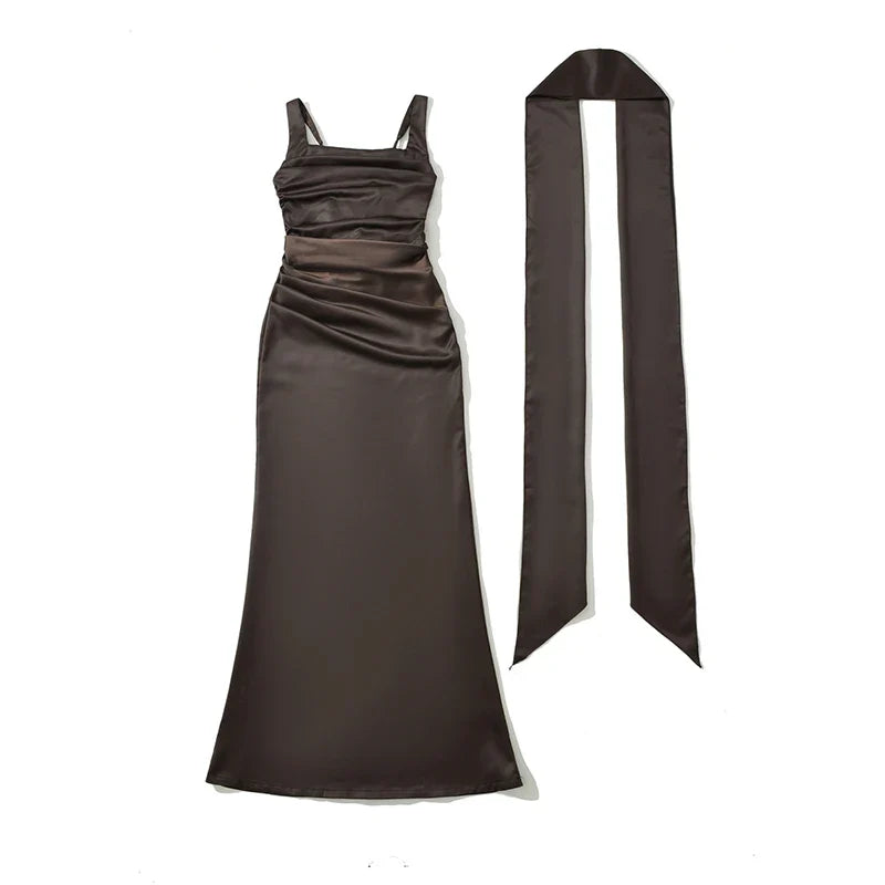 Sexy Elegant Party & Formal Wear Maxi Dresses Spaghetti Straps Ruched Waist With Matching Scarf