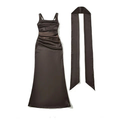 Sexy Elegant Party & Formal Wear Maxi Dresses Spaghetti Straps Ruched Waist With Matching Scarf