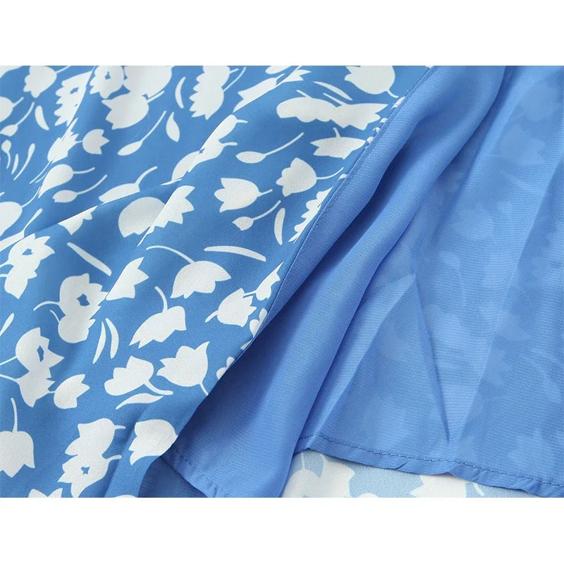 Sexy Hem Slit Blue Floral Print Tank Dresses