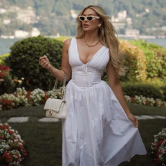 Sexy Elegant Sleeveless Deep V Neck White Dresses