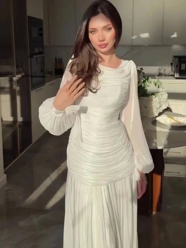 Temperament Round Neck Long Sleeved Pleated Waist Slimming Patchwork Dresses