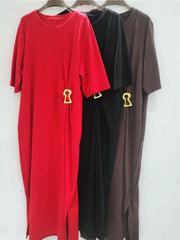 French Style Niche Metal Buckle Design Pleated Waist Short Sleeves Loose Casual Solid Color Dresses Summer
