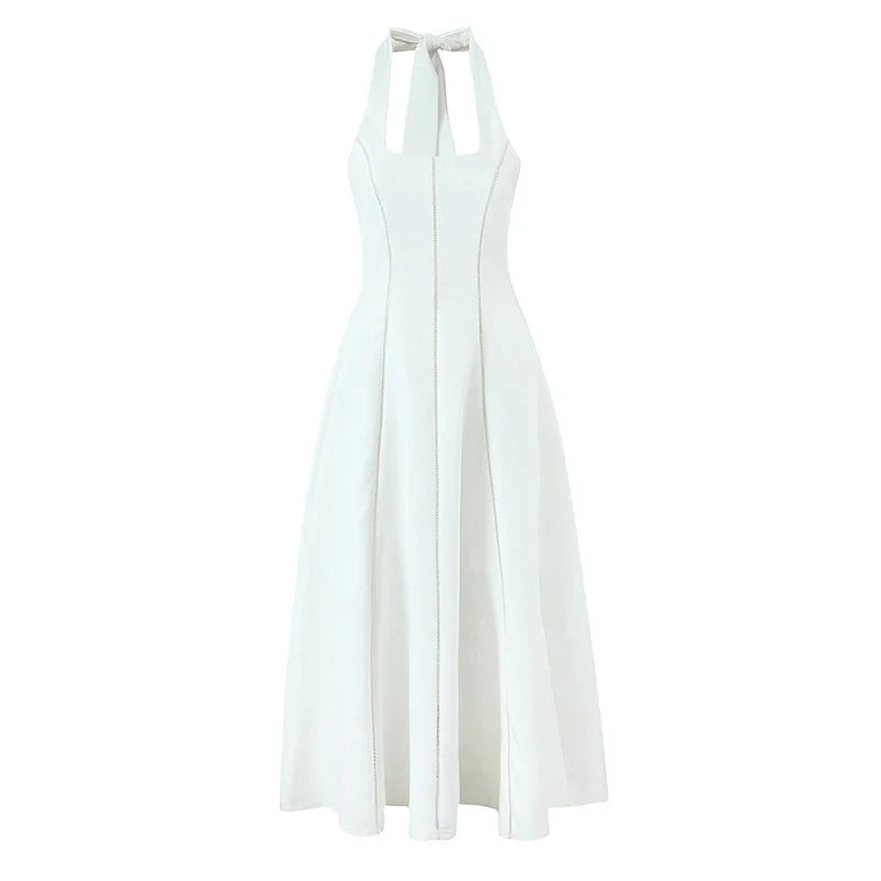 Vintage Elegant Black White Halter Midi Long Dresses A-line Slim Sexy Backless Dresses