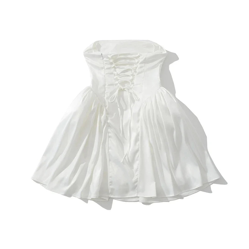 Sexy Elegant Prom Strapless Dresses Lace Up Back White Pink Evening Party Mini Dresses