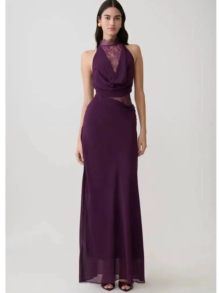 Elegant Halter Neck Sleeveless Lace Spliced Slim Fit Dresses