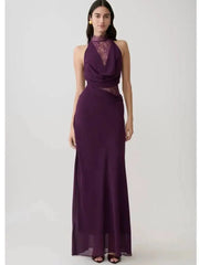 Elegant Halter Neck Sleeveless Lace Spliced Slim Fit Dresses