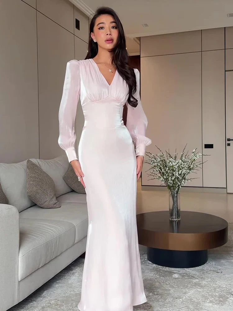 Elegant V Neck Puff Sleeve Maxi Dresses