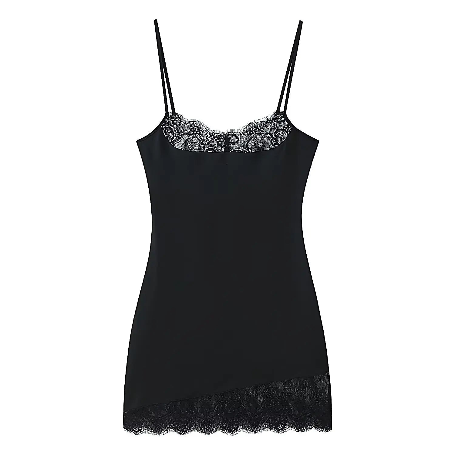 Spaghetti Straps Lace Patchwork Black Mini Sexy Dresses