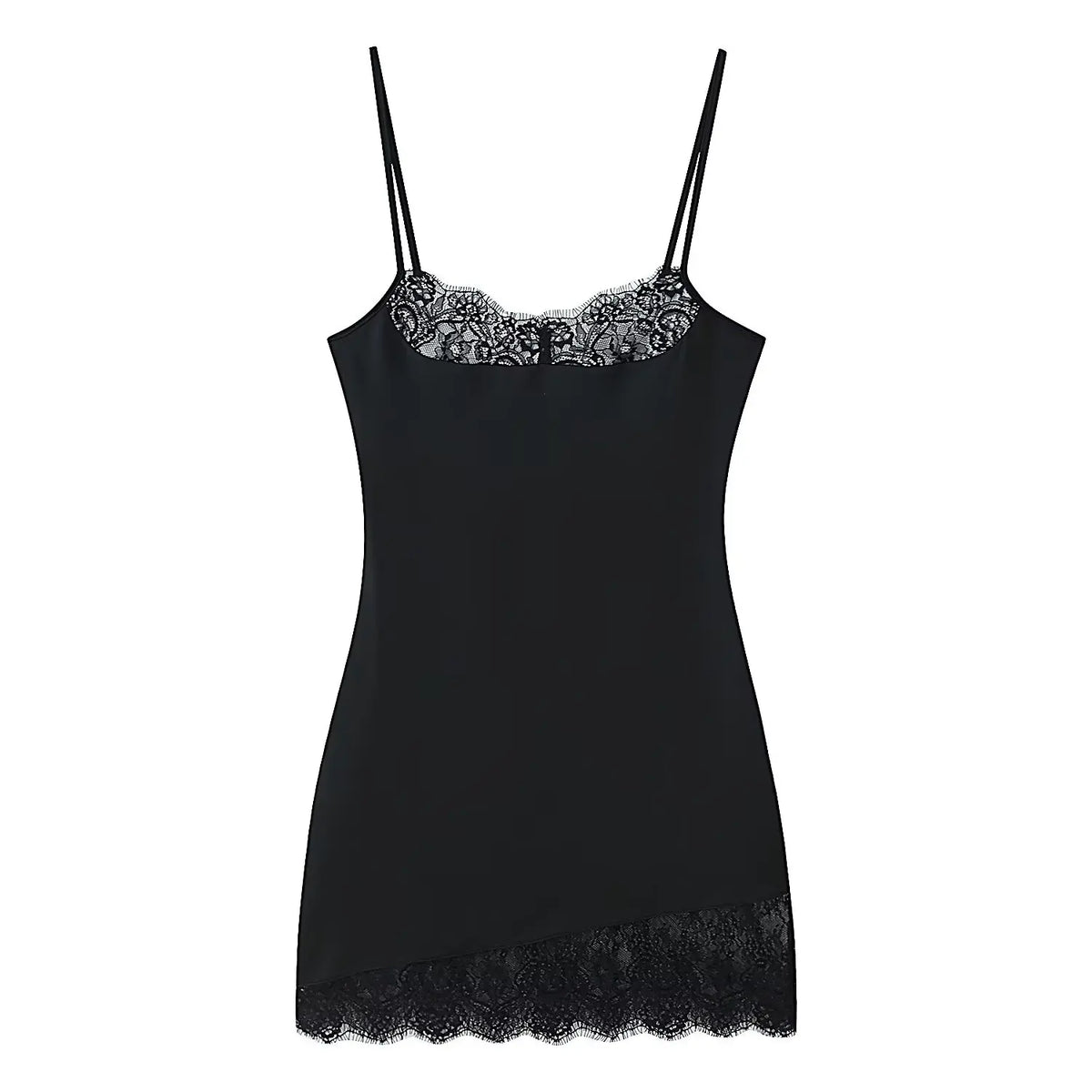 Spaghetti Straps Lace Patchwork Black Mini Sexy Dresses