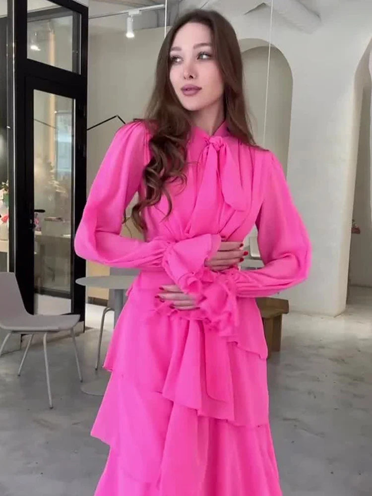 Autumn Summer Ruffle Trimmed Sweet Style Chiffon Design Half High Collar Long Dresses Female Party Clothes