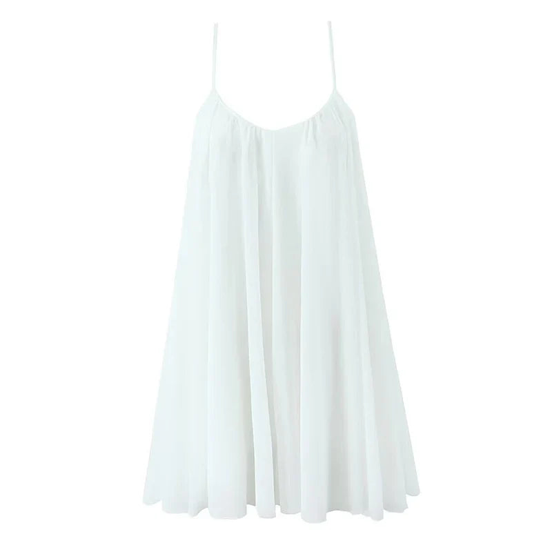 Sexy Backless White Sling Mini Dresses V Neck Back Zipper Loose Summer Short Dresses Holiday Beach Robe