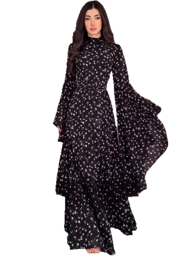 Summer Turtleneck Long Flare Sleeves Printing Elegant Waist-Cinching Formal Dresses