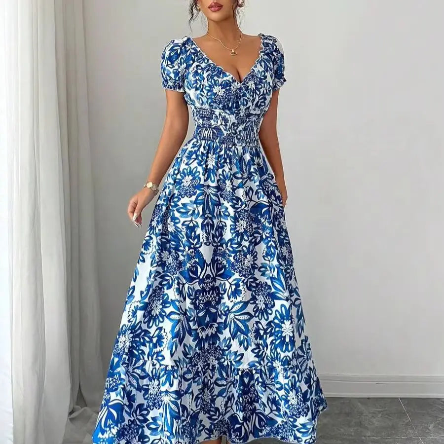 Elegant Charming Long Dress, Lightweight Woven Floral Puff Sleeve Open Back Shirred Waist Slim Dresses