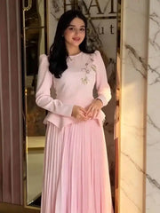 Elegant Two-piece Set Autumn Beaded Round-neck Long-sleeved Patchwork Top With Pleated Skirt 19DB2494