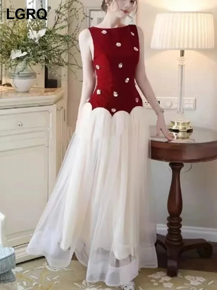 Summer Round Neck Sleeveless Slim High Waist Pullover Mesh Spliced Dresses