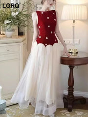 Summer Round Neck Sleeveless Slim High Waist Pullover Mesh Spliced Dresses