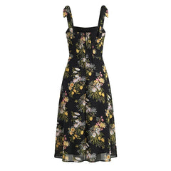 French Style Floral Print Sexy Slits Sling Dresses