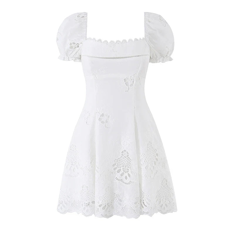 Hollow Out Embroidery White Mini Dresses