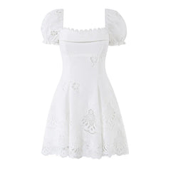 Hollow Out Embroidery White Mini Dresses