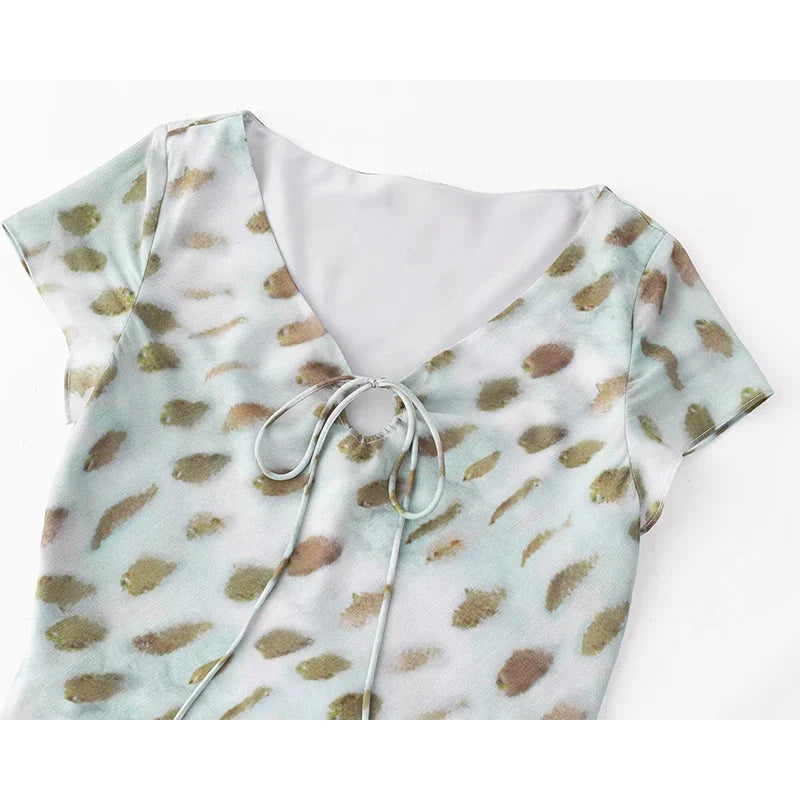 Elegant Girl Short Sleeve V Neck Print A-line Midi Summer Dresses Chic Lady Holiday Robe Party Dress