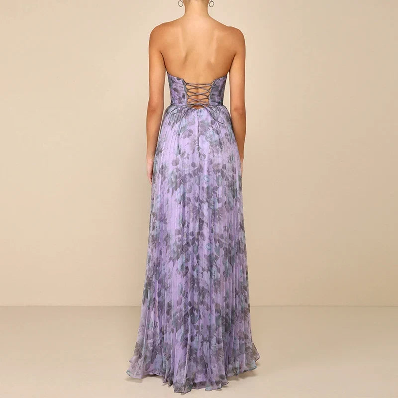 Female Casual Swing Holiday Party Dresses Strapless High Waist Pleated Bohemian Dresses