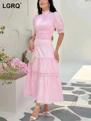 turtleneck short sleeves lace patchwork hollow out slim high waist A-line pullover Dresses