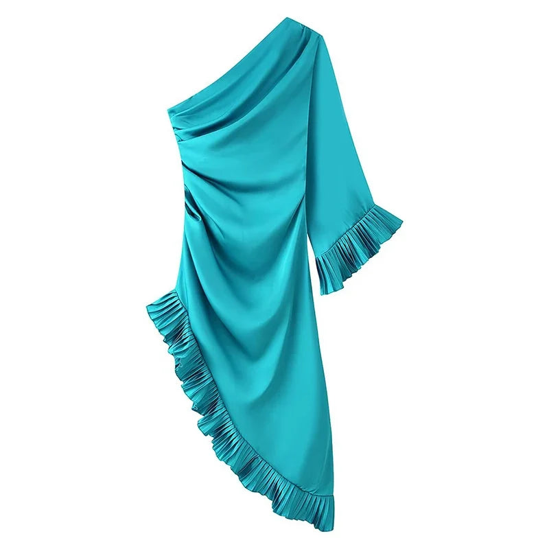 Elegant Sexy Diagonal Collar Satin Draped Ruffle Long Party Dresses Maxi Evening Vestidos