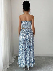 All-Over Print Strapless Casual Elegant Beach Wedding 2 Pieces Set (Top And Skirt) Summer