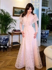 Vintage V-neck Lotus Leaf Shawl Long Sleeved Embroidered Waist Cinching Dresses