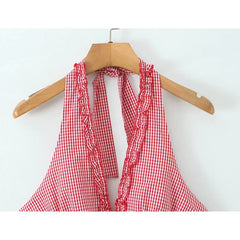 Sexy Backless Halter Red Plaid Dresses