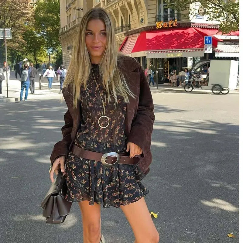 Spring Autumn Long Sleeve High Neck Floral Print Mini Dresses Female Vestidos