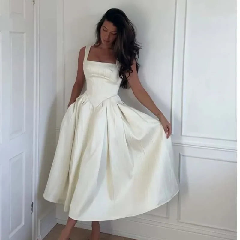 Sexy Elegant Evening Party Dresses Pretty Girl Square Neck Sleeveless A-line Midi Summer Dresses