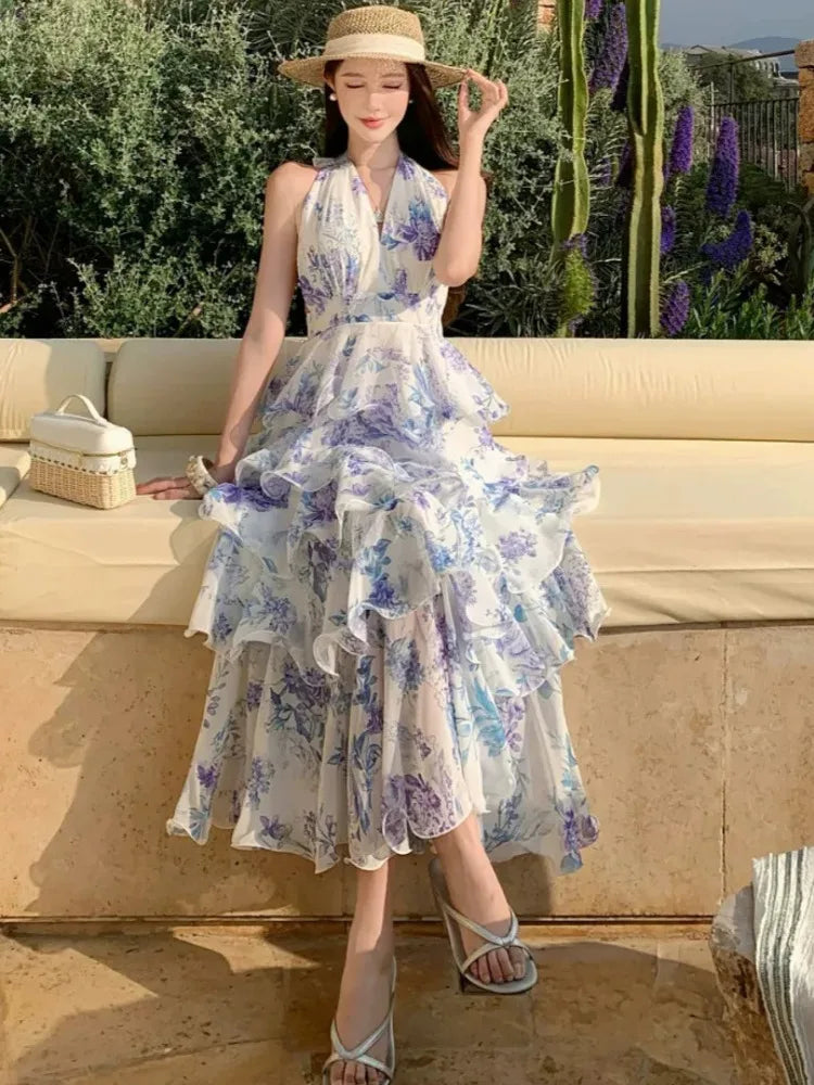 Sweet Printed Hanging Neck Dresses