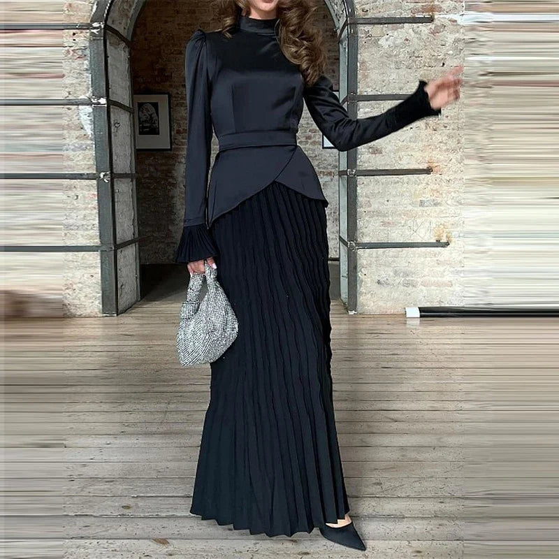 Patchwork Pleated Maxi Dresses