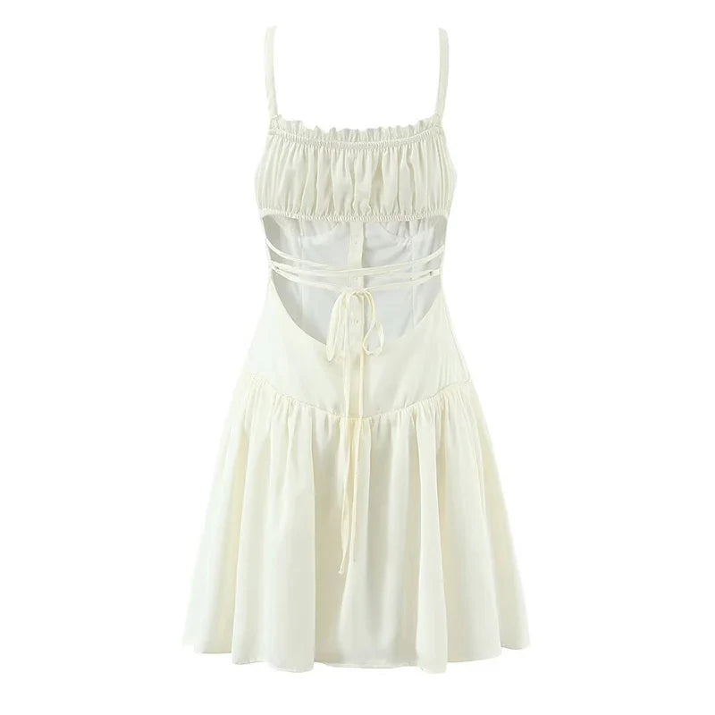 Sexy Girls Backless Bandage Sling Mini Summer Dresses Beige Black A-line Beach Vacation Dresses