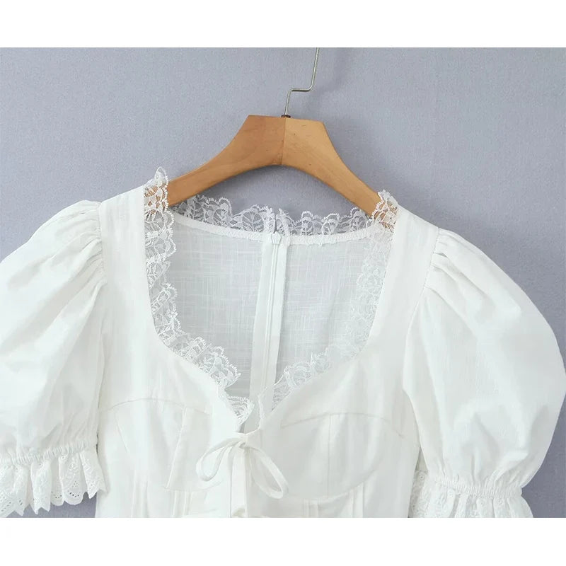 Lace Spliced Bow Beige White Sweet Dresses