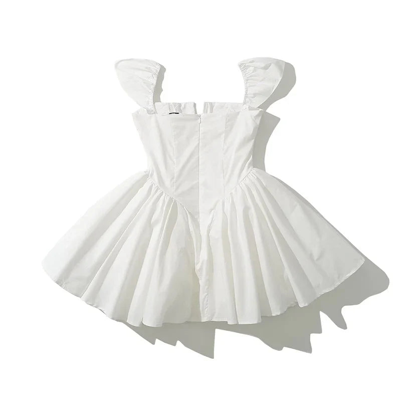 Summer Sexy Fit And Flare White Mini Dresses Short Sleeve Low Waist Elegant Party Dresses