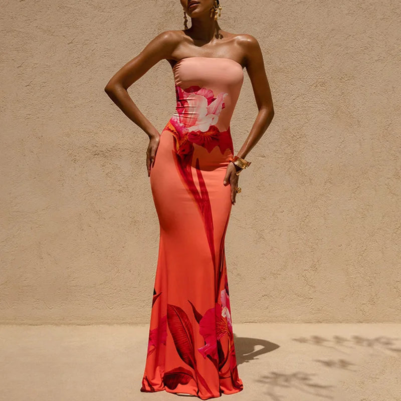 Sexy Tube Top Floral Printed One-piece Robes Summer Casual Off Shoulder Sleeveless Party Dresses