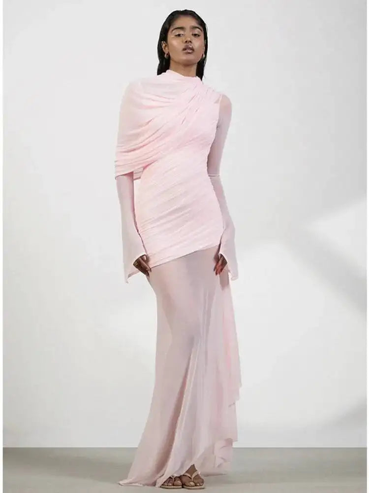 spring and autumn high neck full sleeves fake two pieces mesh spliced pleated asymmetrical Dresses