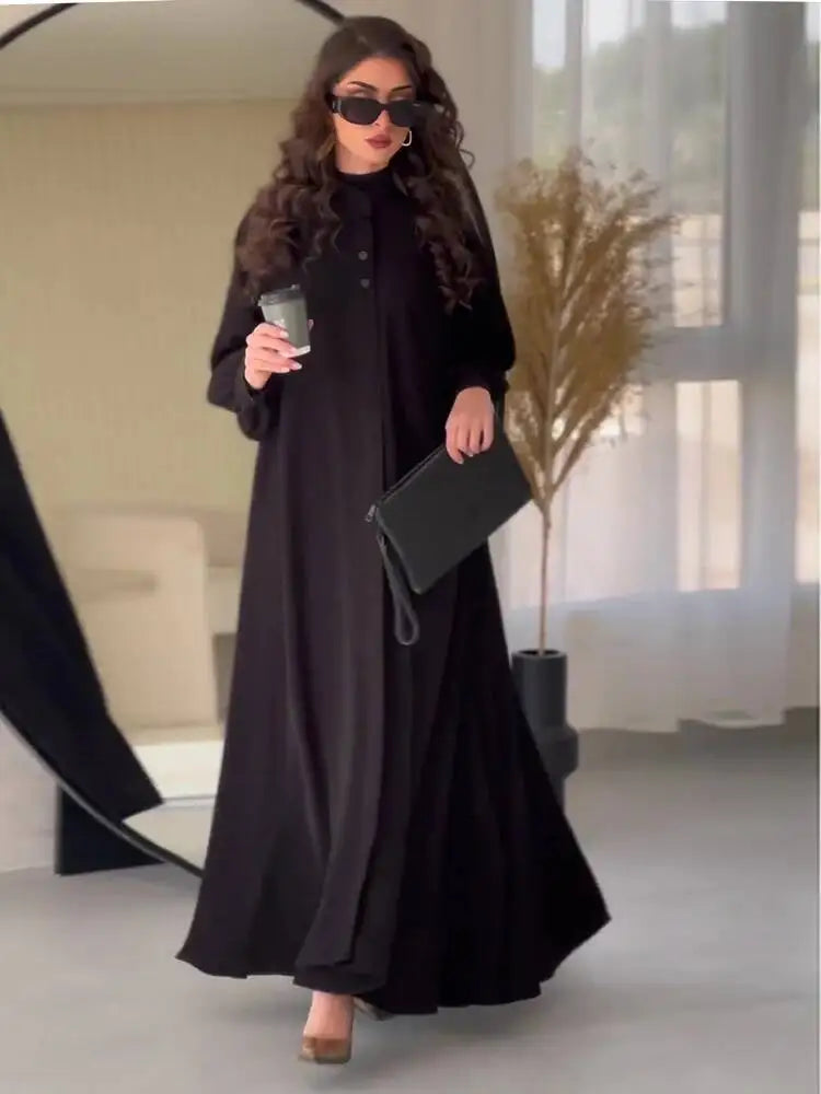 Fashionably Simple Stand Up Collar Long Sleeved Loose Hem Dresses