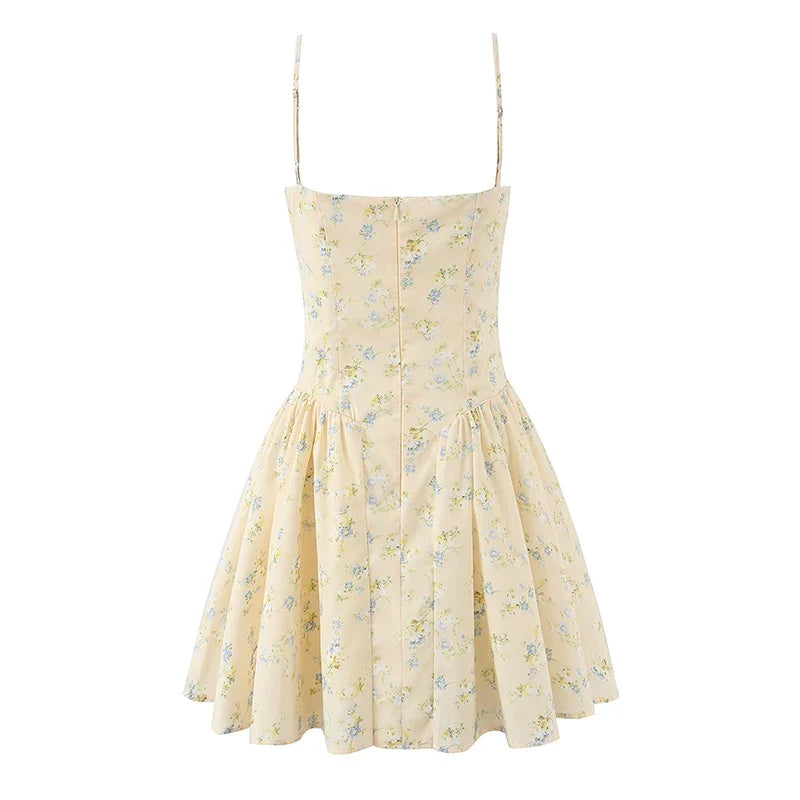 French Yellow Floral Print Sexy Sling Holiday Dresses