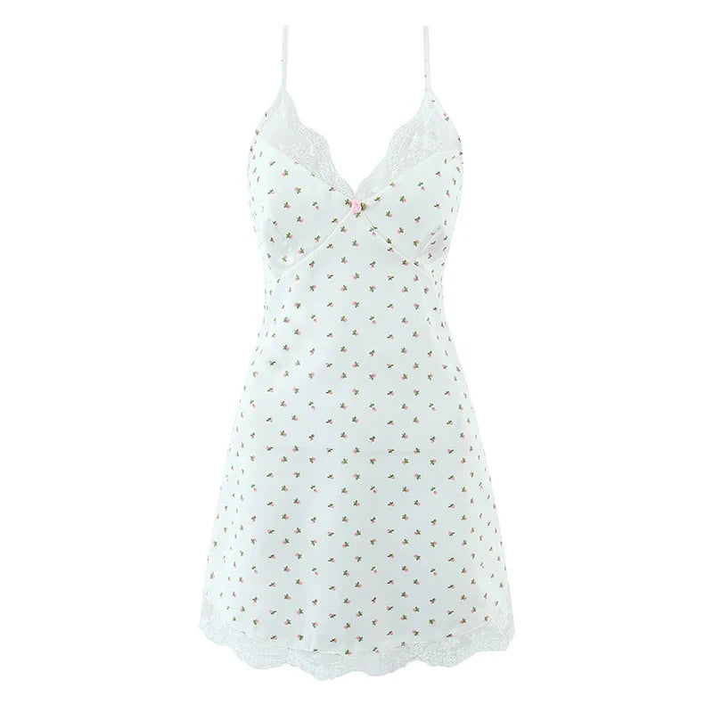 Romantic Girls Lace Trim Floral Print Satin Sling Mini Dresses