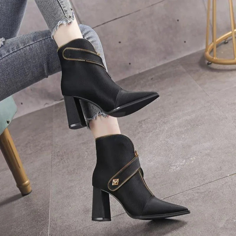 Front Zipper Metal Buckle Strap Short Tube Women's Boots